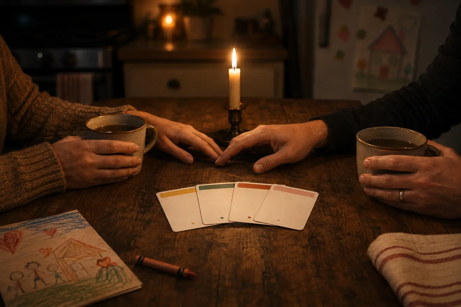 Two people at a candlelit kitchen table holding mugs of tea, four date night cards fanned out between them with butter, green, terracotta and blush bands
